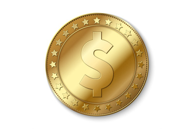 Realistic 3d gold dollar vector coin isolated on white. Cash abundance