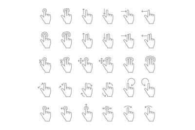 Touch hand gesture vector line icons. Touching finger gestures pictogr