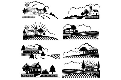 Retro rural landscapes with farm building in field. Vector vintage woo