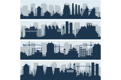 Industrial vector skylines. Modern factory and works building silhouet