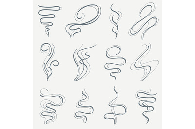 Aroma and smoke line stream. Smell linear trails vector set