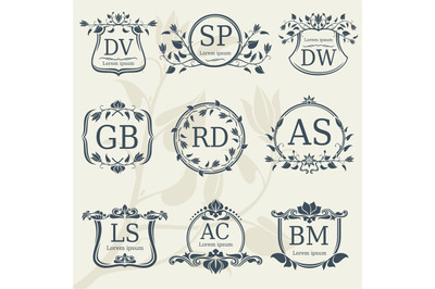 Vintage elegance wedding monograms with floral frames. Vector stock