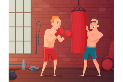 Boxer training. Male hits to punching bag at the gym. Cartoon sport ch