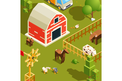 Isometric farm landscape. Village with various farm animals