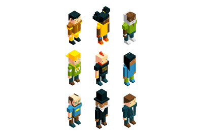 Avatars for 3D games. Isometric low poly people in various clothes