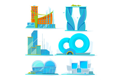 Futuristic buildings set. Vector flat pictures of various stylized bui