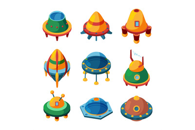 Ufo and spaceships. Isometric vector UFO icons isolated on white