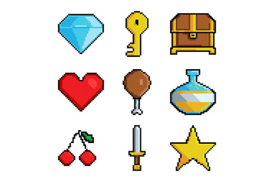 Pixel graphic game objects. 8 bit style pictures for various games