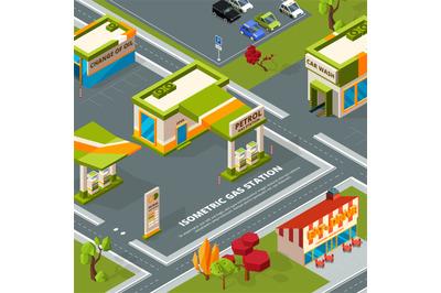 Fuel station in urban landscape. Vector isometric pictures