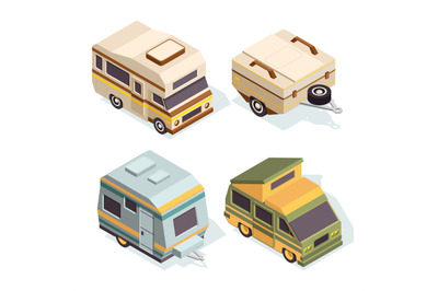 SUV and camping cars. Isometric pictures set of travel cars