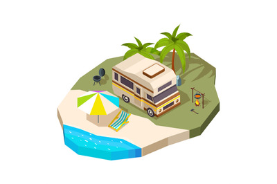 Camping car at the sea. Vector isometric composition