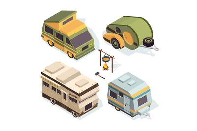 Isometric camping cars. Vector pictures isolate on white