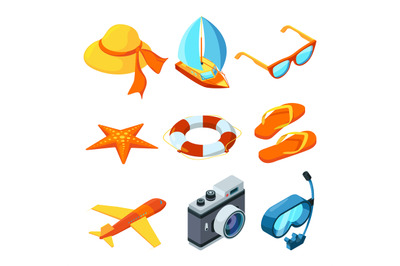 Summer time isometric. Travelling vector symbols