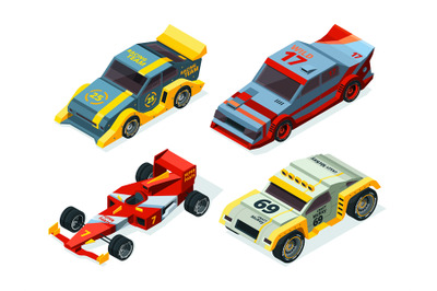 Race car set. 3D racing cars. Isometric sport pictures