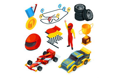 Sport racing symbols. Isometric pictures of racing cars and formula 1