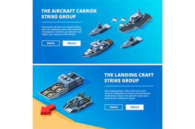 Banners with military boats. Vector pictures of warships