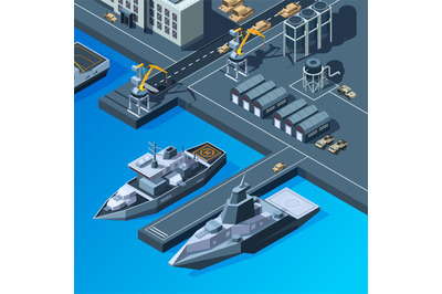 Warships on the pier. American navy isometric pictures set