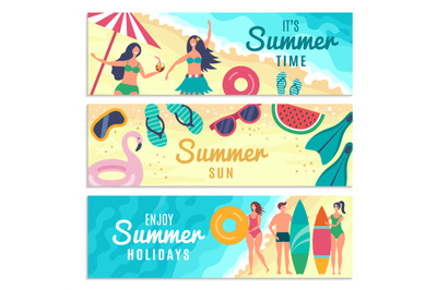 Banners set with various summer illustrations. Male and female charact