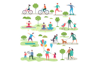 Various outdoor activities in the urban park. Group of walking peoples