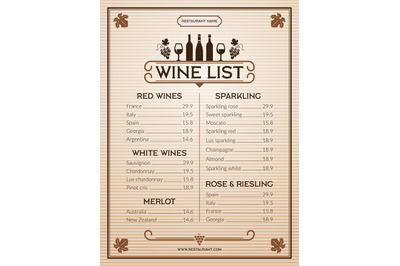 Wine menu. Design template of restaurant or bar menu