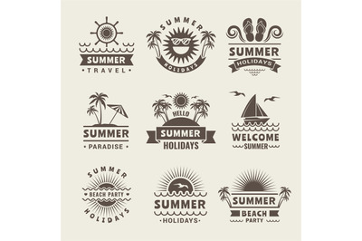 Summer badges. Vector monochrome labels of summer time. Tropical illus