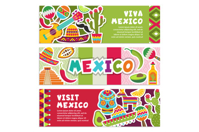 Horizontal banners with Mexican symbols. Viva mexico