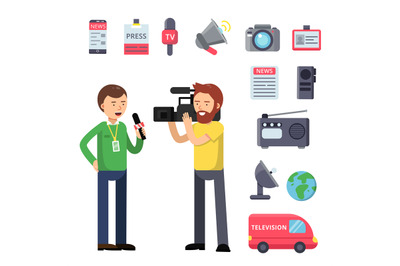 Set thematic symbols of broadcasting and interview. Vector characters