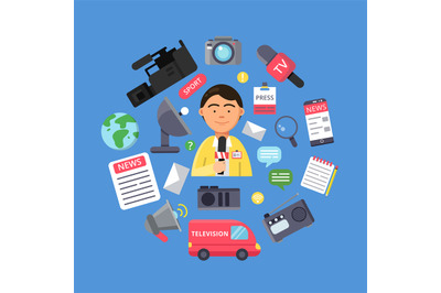 Media concept with picture of journalist and various specific equipmen