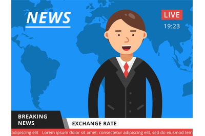 Newscaster at television. Hot breaking news vector illustration