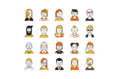 Set of various avatars for web projects. Vector pictures in mono line