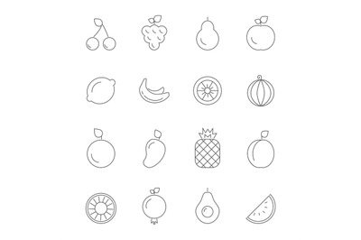 Various icons of fruits. Vegan symbols isolate on white. Vector linear