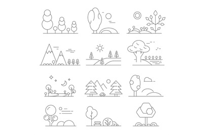 Landscape outline. Mono line symbols of trees and outdoor parks