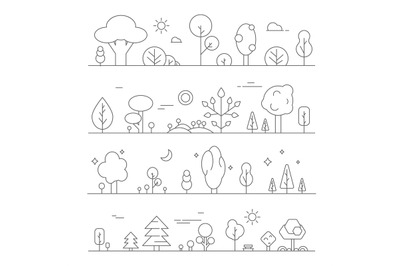 Landscapes with plants. Vector mono line pictures of hills and trees