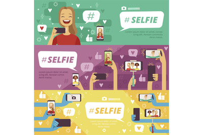 Horizontal banners with people which making selfie photos on his smart