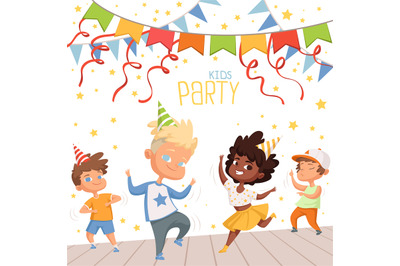 Background illustrations at childrens dance party. Template of poster