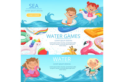 Horizontal banners set with illustrations of happy childrens playing o