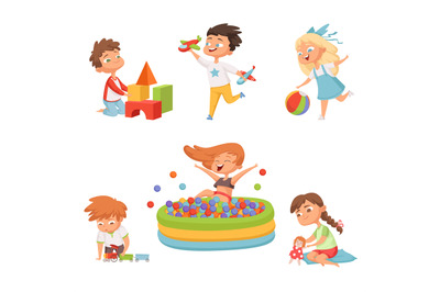 Preschool childrens playing in various toys. Vector illustrations in c