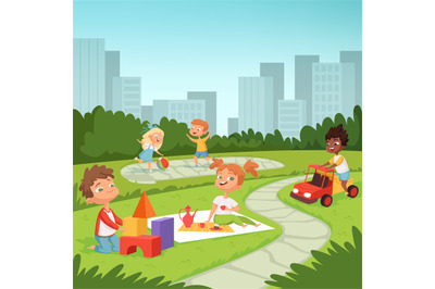 Childrens playing in educational games outdoor . Various equipment for