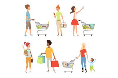 Peoples shopping. Vector illustrations of various characters which mak