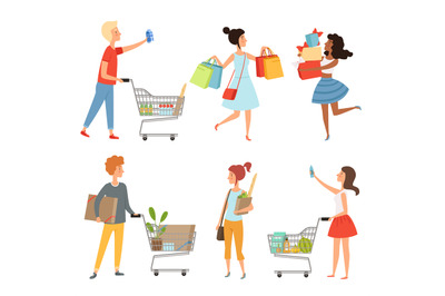 Male and female shopping. Vector pictures of various characters in sho