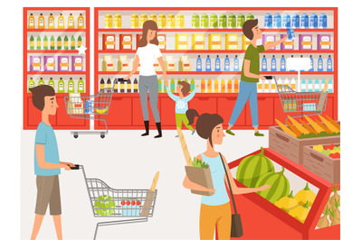 Shoppers in supermarket. Background illustrations of peoples near shel