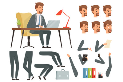 Businessman workspace. Vector mascot creation kit. Various key frames