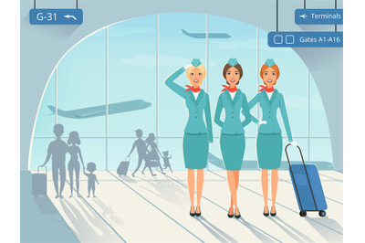 Terminal building. Vector background picture with stewardess in airpor