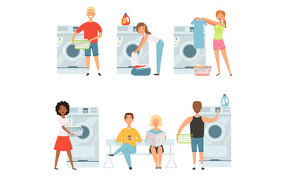 Laundry service characters. Vector washing house mascot design