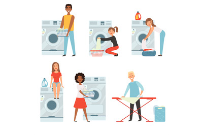 Female characters in laundry. Vector pictures set isolate