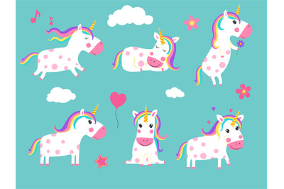 Cartoon unicorns. Cute fairy tale animals in dynamic poses