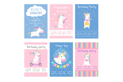 Cards invitations. Design template cards with pictures of cute unicorn