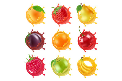 Fruits in juicy splashes. Vector realistic pictures of fresh fruits fo