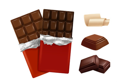 White and dark chocolate. Vector pictures of different pieces of choco