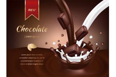 Chocolate advertisement poster. Realistic chocolate and milk vector il